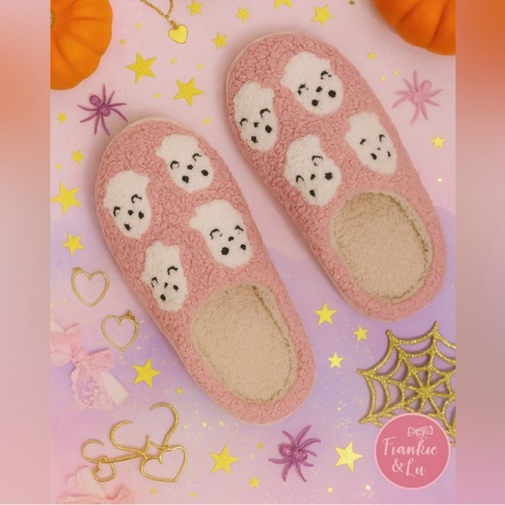 Pink Halloween Ghost Slippers Cozy Plush House Shoes NWT Sizes 7 & 8